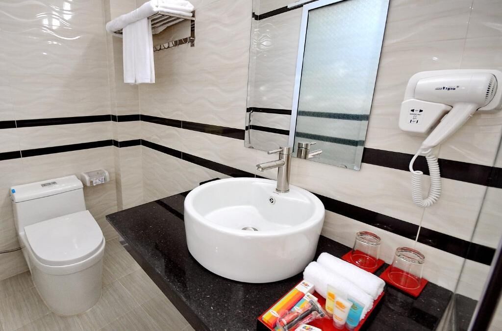 Ein Badezimmer mit einem weißen Waschbecken, einer Toilette, einem Föhn und Pflegeprodukten auf der Ablagefläche.