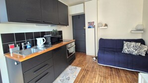 Eine kompakte Küche mit Mikrowelle, Wasserkocher und Spüle, ein dunkles Sofa mit gemusterten Kissen sowie ein kleiner Topf auf der Arbeitsplatte.