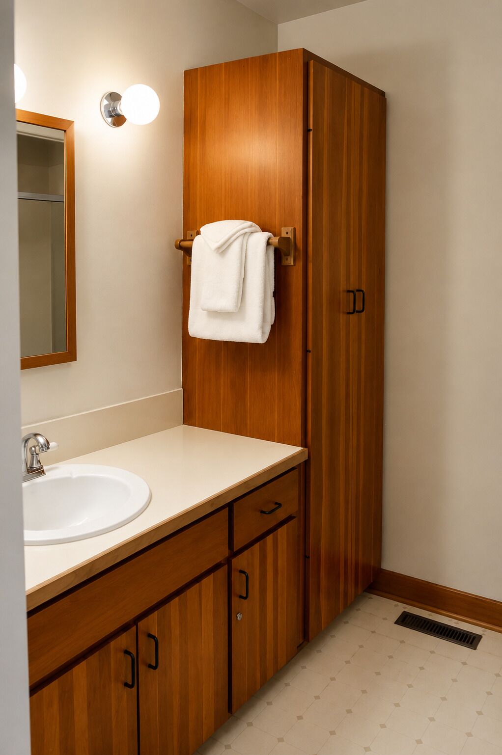 A bathroom with a wooden vanity, a white sink, a mirror, and a towel hanging on the door.