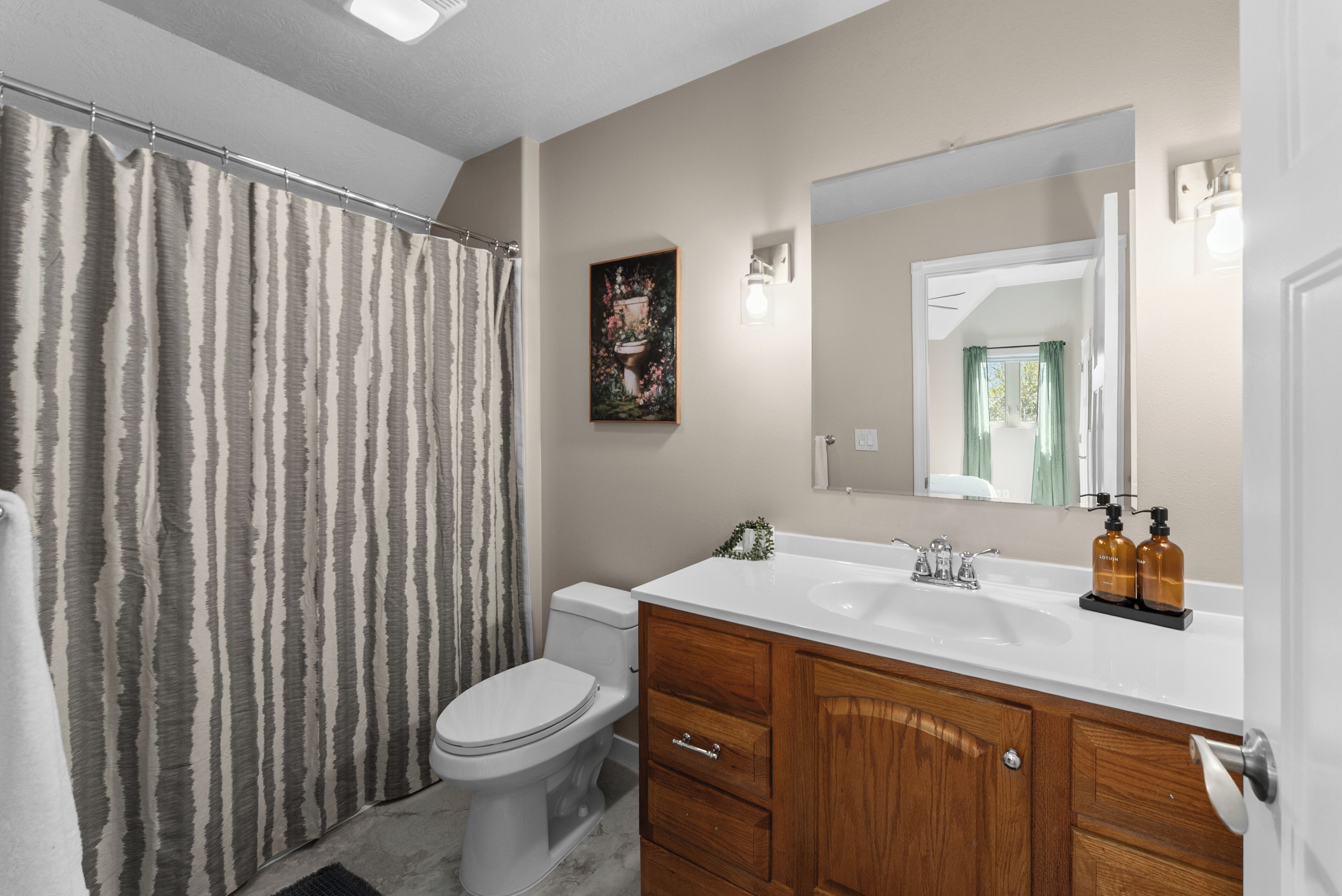 Hair dryer, towels, soap, toilet paper