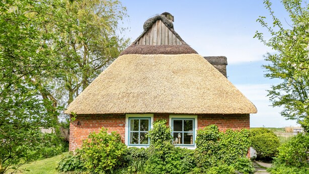 Un petit chalet au toit de chaume, avec une façade en briques, deux fenêtres aux cadres verts et un chemin qui y mène.