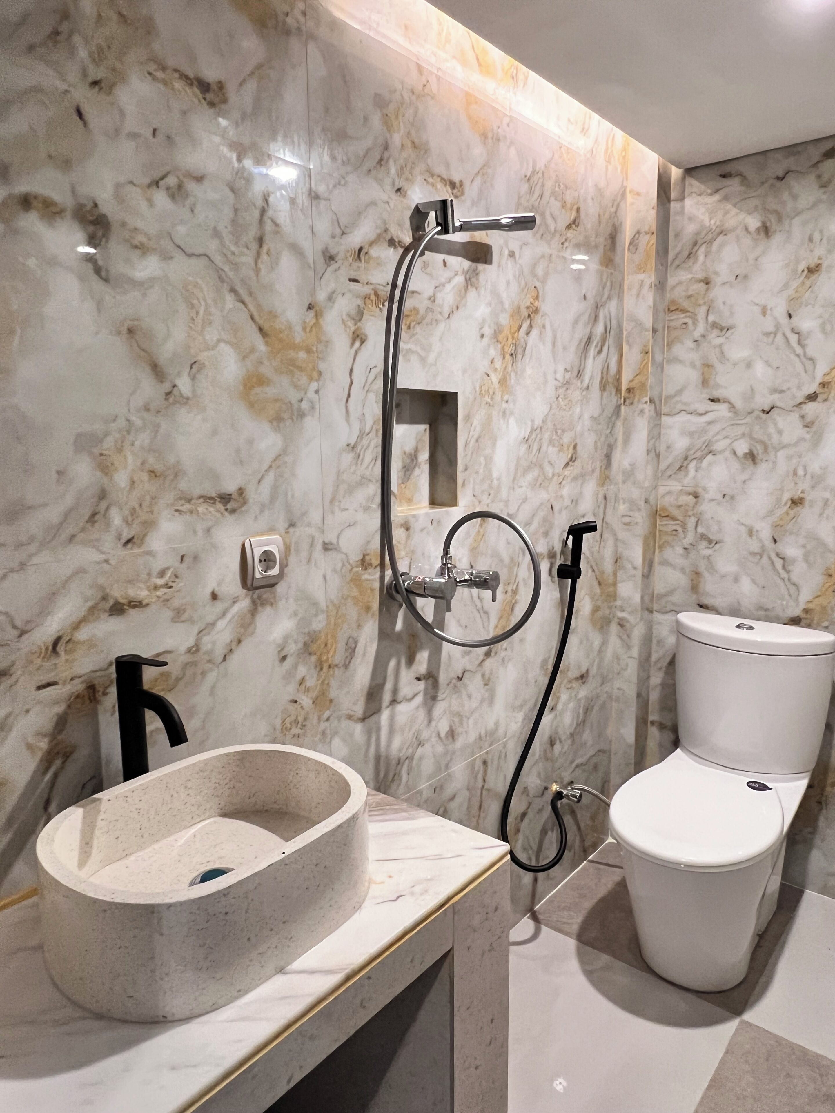 A bathroom with a marble wall, a sink with a basin, a toilet, and a shower with a handheld showerhead.