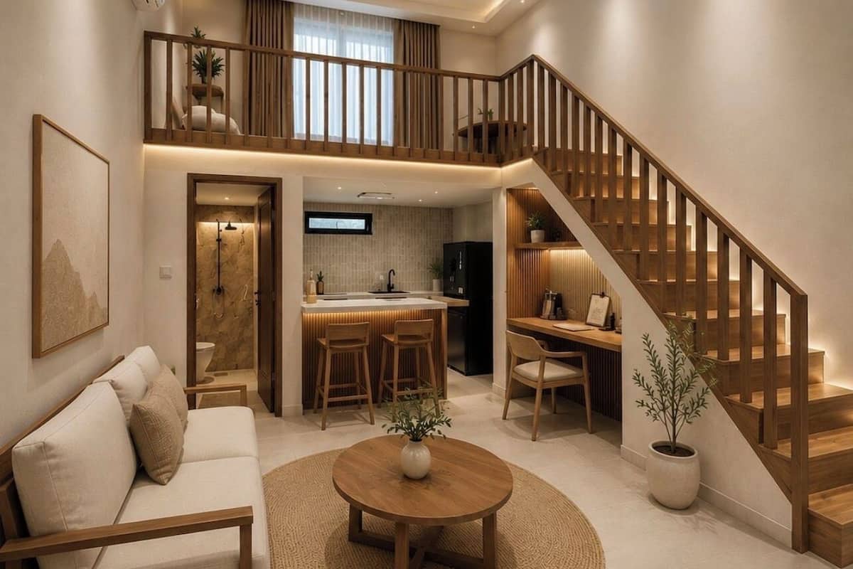 A spacious living area with a sofa, a dining table, a kitchen with a bar, and a wooden staircase.