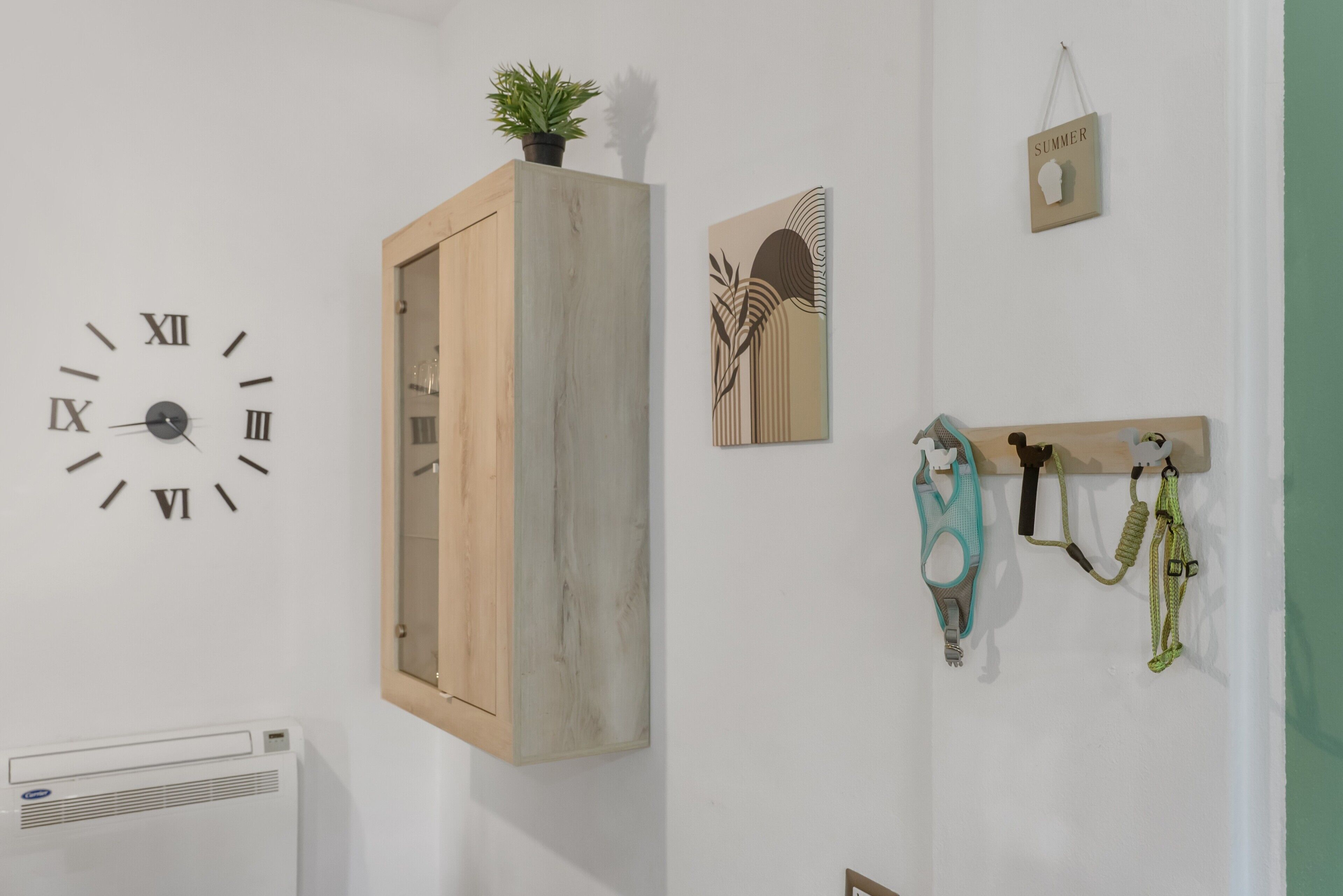 Een wandklok, een houten kastje met een plant, een lijst met kunstwerk en een rek voor hondenlijnen.