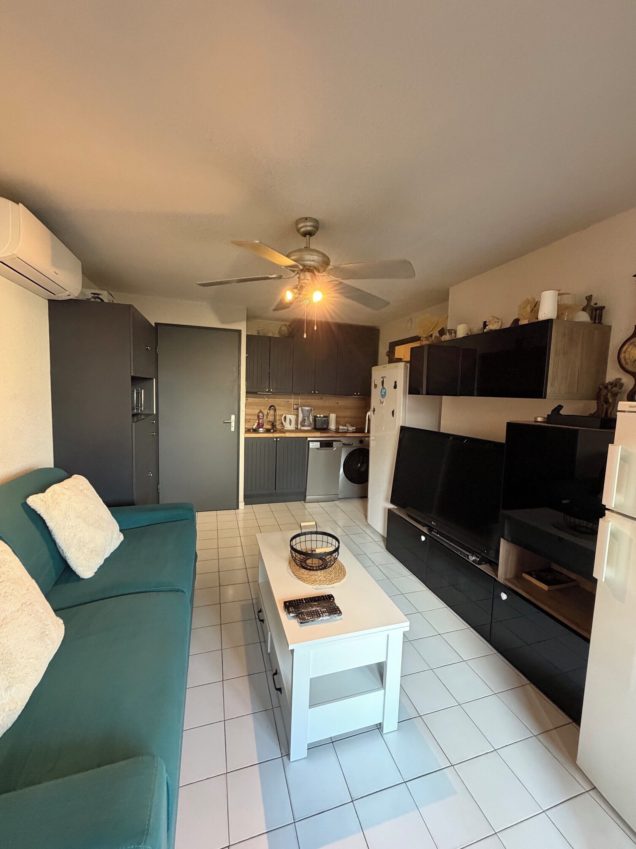 Un espace de vie compact comprenant un canapé, une table basse, un téléviseur, un ventilateur de plafond et une petite cuisine.