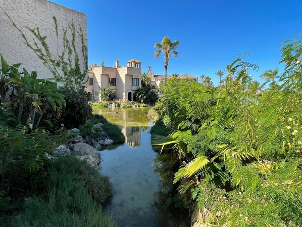 A canal with water reflecting buildings and lush greenery.