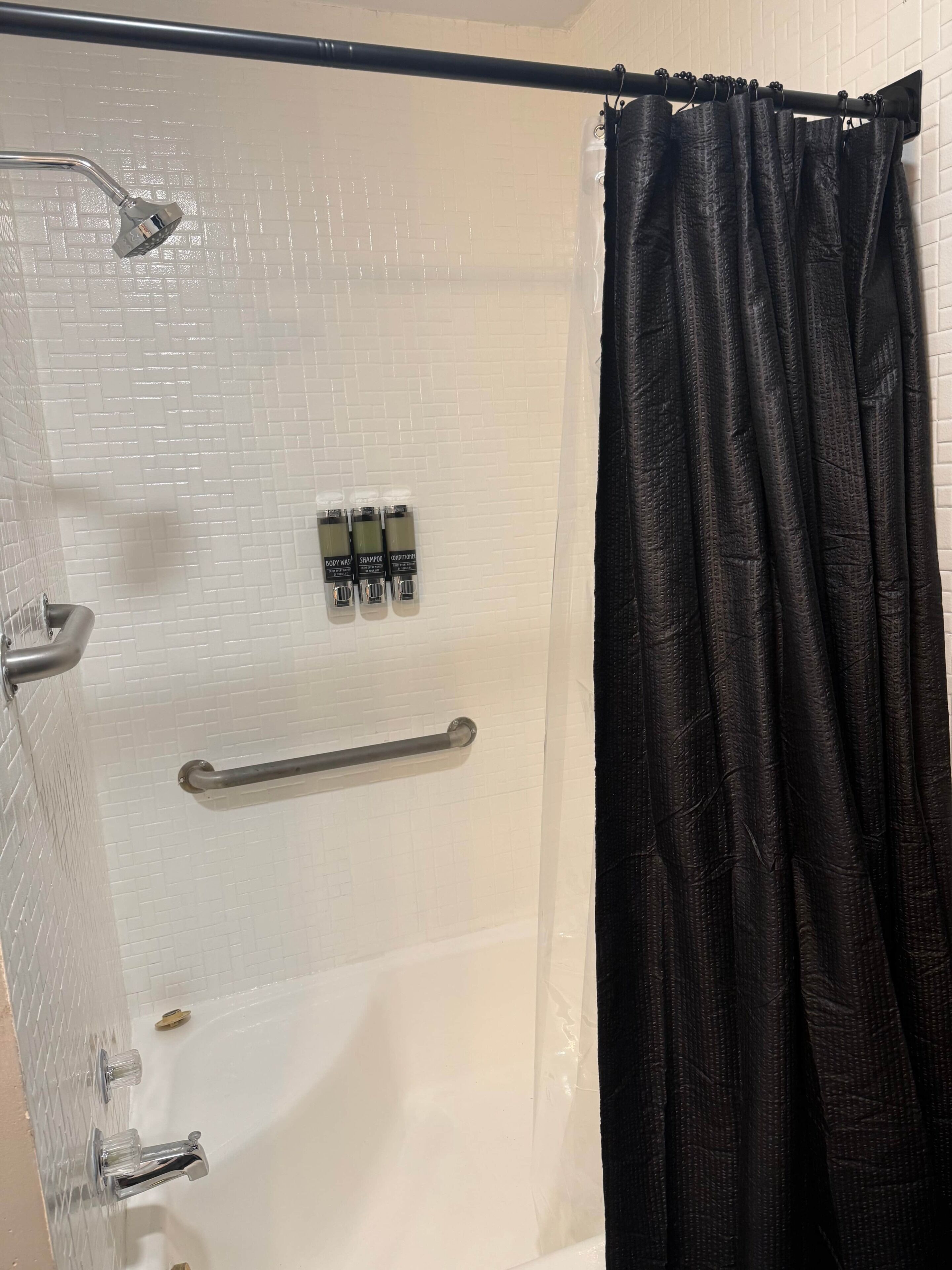 Hair dryer, towels, soap, shampoo