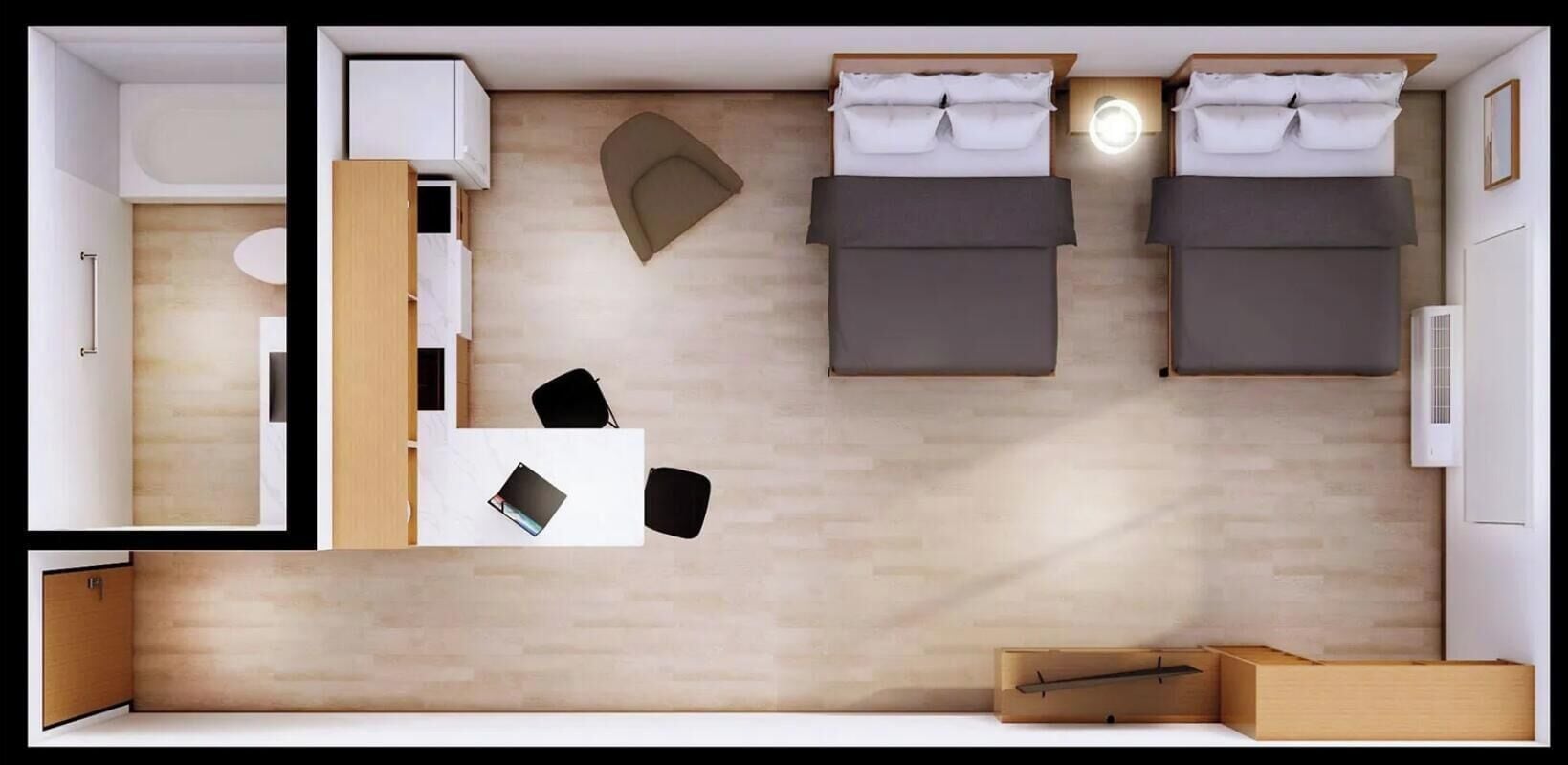 A hotel room with two beds, a desk, a chair, a wardrobe, and a mirror.