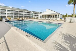A swimming pool with lounge chairs, a building with balconies, and a palm tree. - Enjoy our beautifully renovated Gulf-view condo in West PCB! (Panama City Beach)