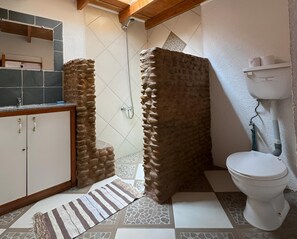 Douche, sèche-cheveux, serviettes fournies, shampoing