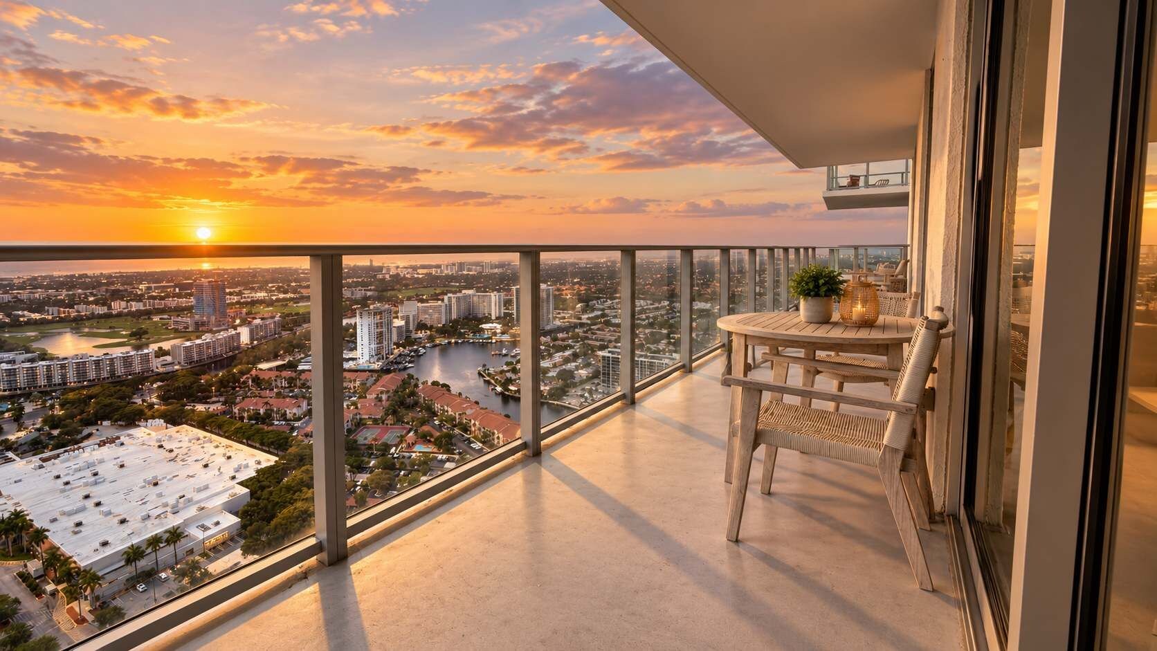 A balcony with a view of a cityscape at sunset.