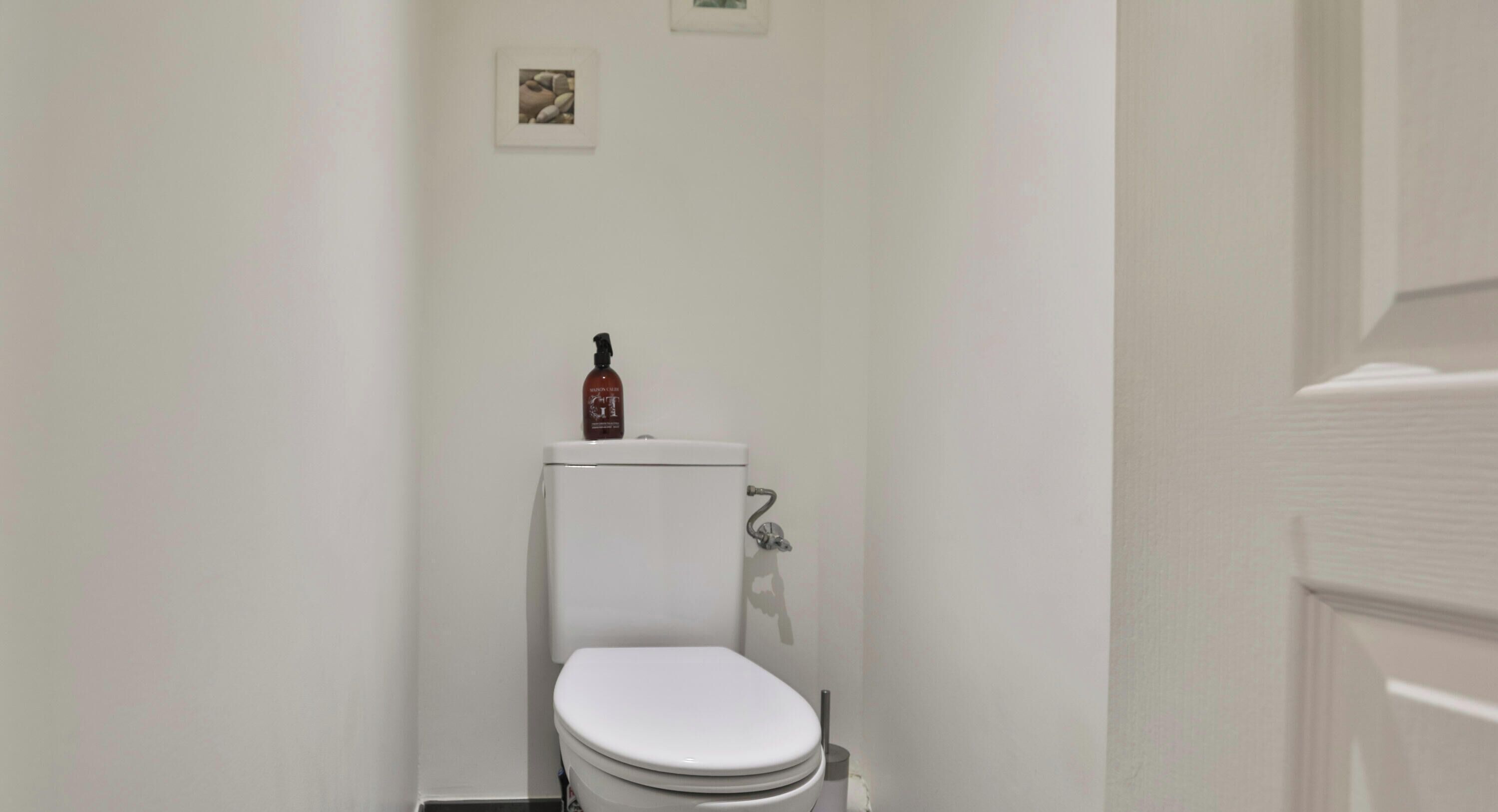 A small, white bathroom with a toilet, a toilet paper holder, and a bottle of hand sanitizer on the tank.