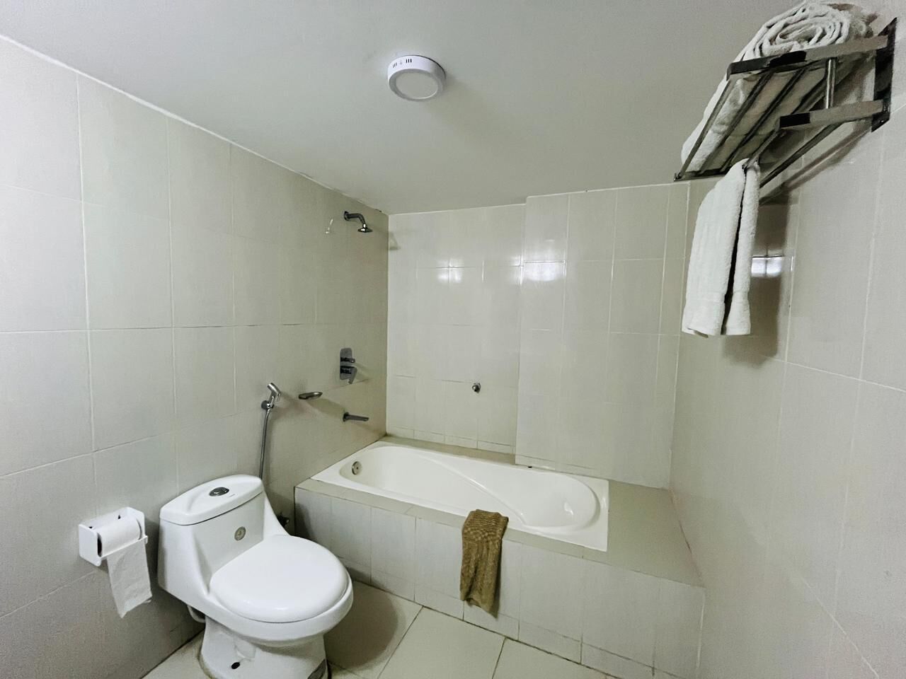 Shower, towels, toilet paper