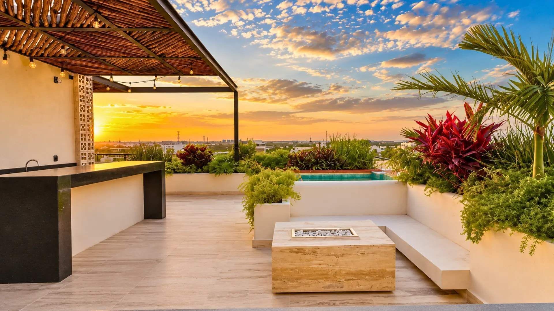 Une terrasse sur le toit avec une piscine, des sièges extérieurs et une vue sur le coucher du soleil.