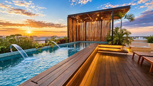 Una piscina en la azotea con terraza de madera, zona de estar cubierta y vistas al atardecer.