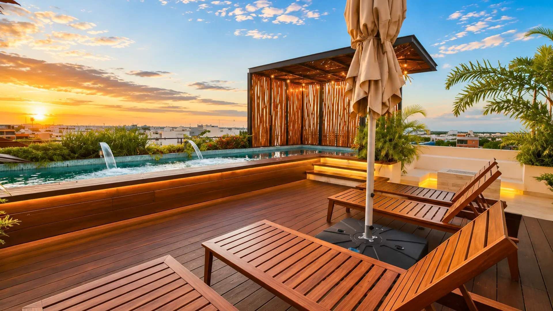 Eine Holzterrasse mit Pool, Liegestühlen und einer Pergola mit Sonnenschirm.