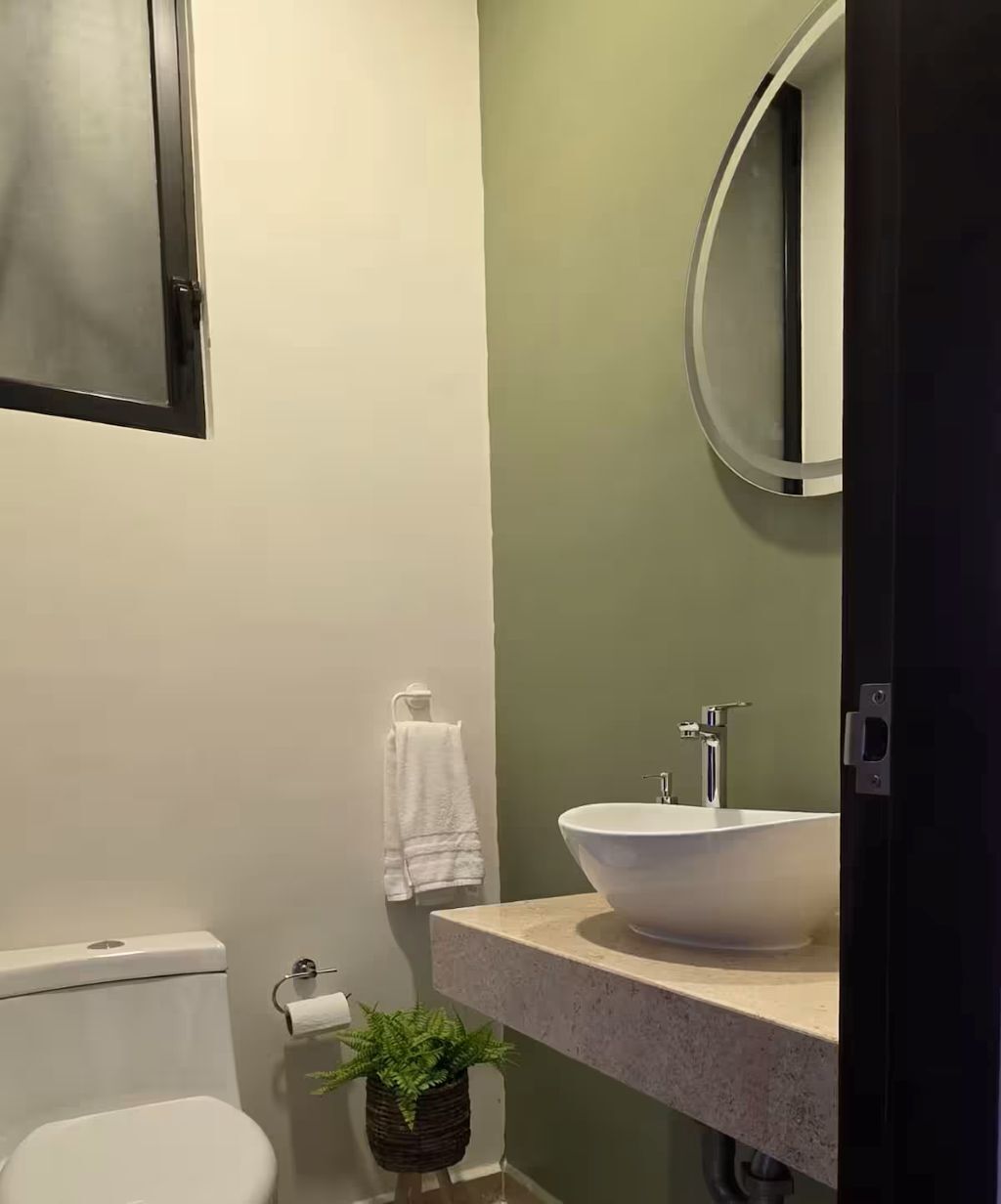 Une salle de bain avec des toilettes, un lavabo doté d’un grand bac, un miroir et une petite plante posée sur le comptoir.