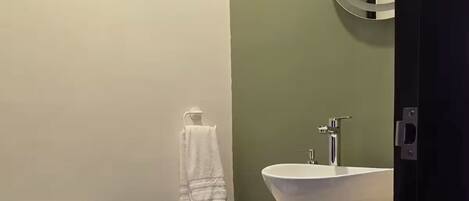 Une salle de bain avec des toilettes, un lavabo doté d’un grand bac, un miroir et une petite plante posée sur le comptoir.