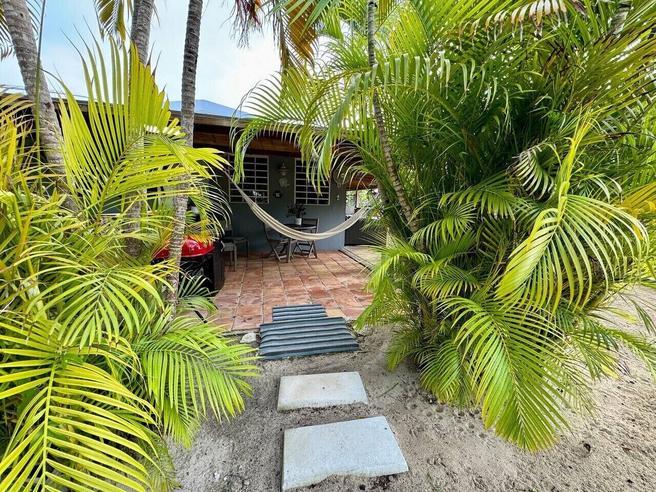A tropical setting with a hammock, palm trees, and a building with a tiled patio.