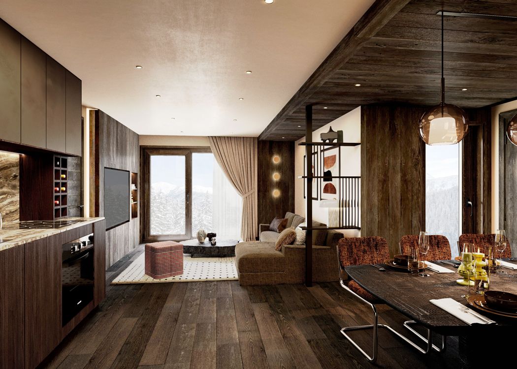 A modern interior with a kitchen, dining area, and seating space.