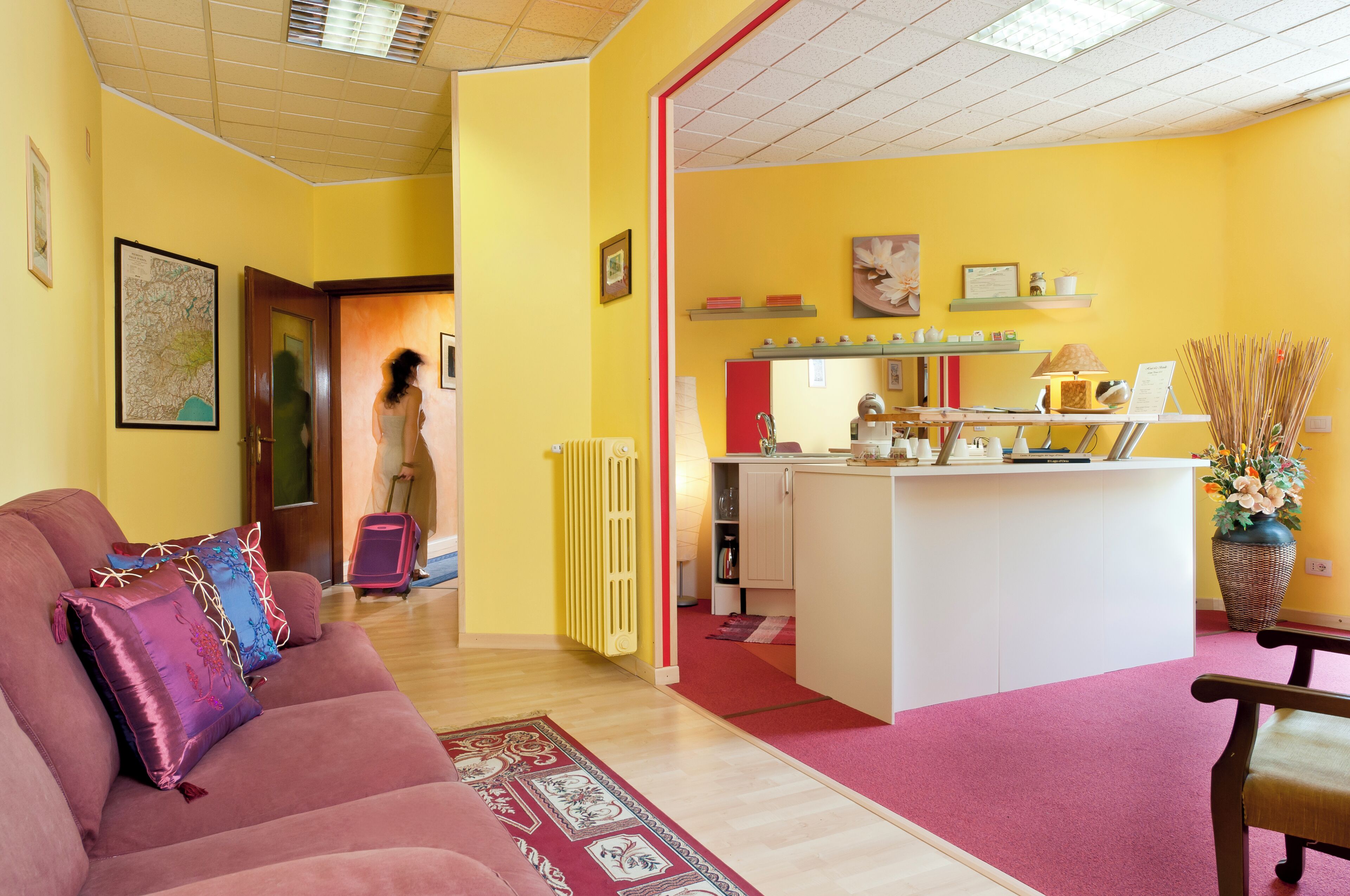 Una sala de estar con sofá, una pequeña cocina y una alfombra roja.