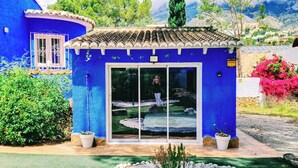 Ein blaues Gebäude mit einem Ziegeldach, einem Glastür-Eingang und einem kleinen Gartenbereich mit einem Blumentopf.