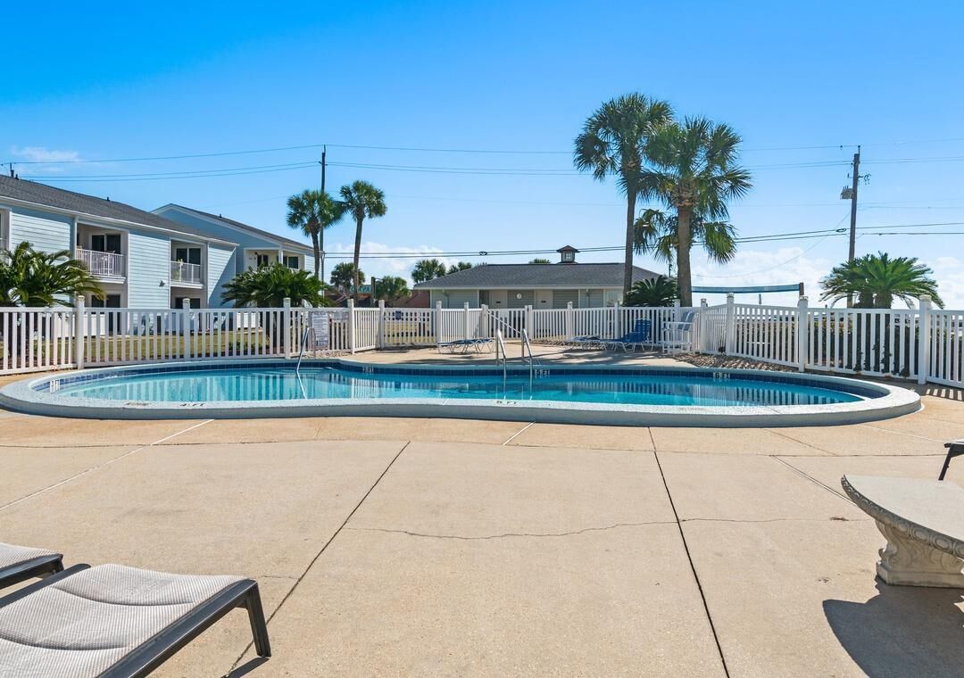 A swimming pool with a white fence, lounge chairs, and palm trees.