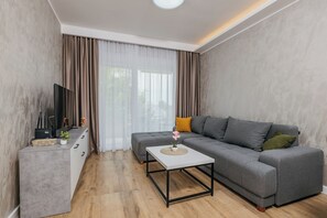 Căn hộ phong cách cổ điển, 1 phòng ngủ, ban công | Khu phòng khách | TV màn hình phẳng 
