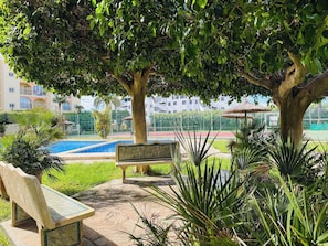 Una panchina, un albero, una piscina e un campo da tennis.