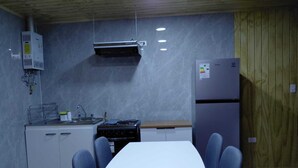 A compact kitchen with a gas stove, sink, and a refrigerator. There is a table with chairs and a ceiling fan.