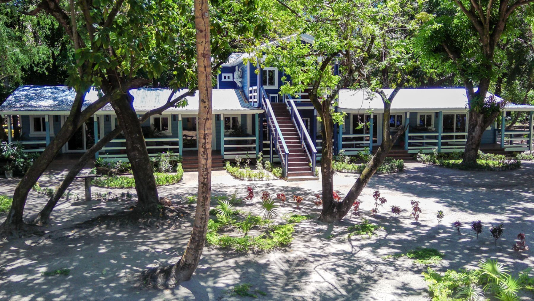 A building with a staircase leading to a deck, surrounded by trees and plants.