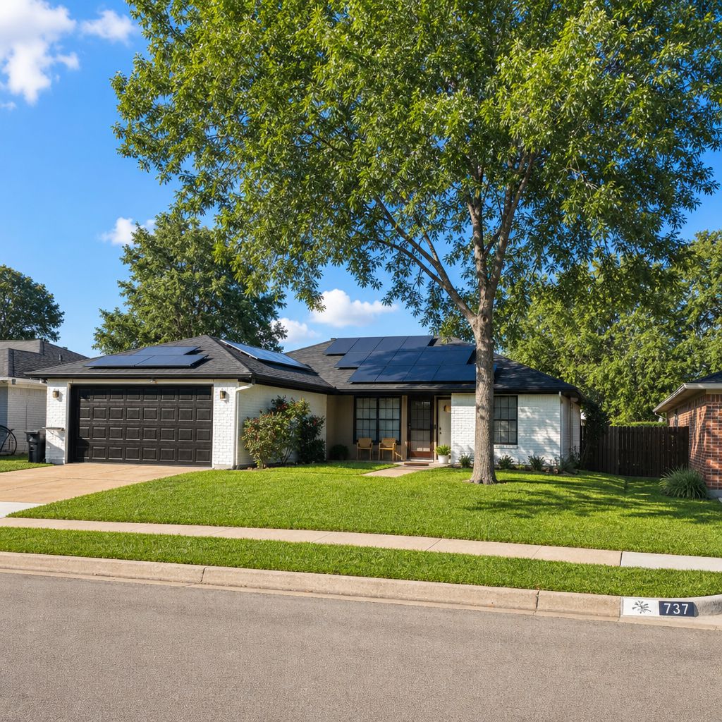 Casa residencial con garaje, paneles solares, césped cuidado y el número 737.