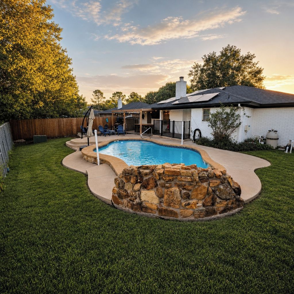 Patio trasero con piscina, un elemento decorativo de piedra y un área de terraza techada.
