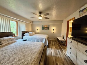 A bedroom with two beds, a ceiling fan, a painting, a TV, and a dresser. - #22 ELK RAPIDS BEACH CONDOMINIUM (Elk Rapids)