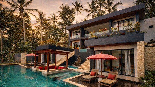 A modern two-story building with a pool, outdoor seating, and tropical vegetation. - Oran Villa Bali (Tampaksiring)