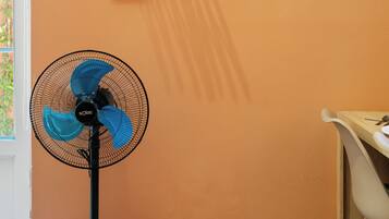 Een kamer met een ventilator, een houten deur en een raam met uitzicht op groen.