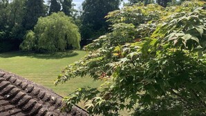 Une pelouse bien entretenue, agrémentée de divers arbres, dont un grand saule pleureur et un groupe dense de feuillage verdoyant.