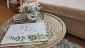 Un salon avec un canapé, une table basse sur laquelle se trouve un carnet, et une plante décorative.