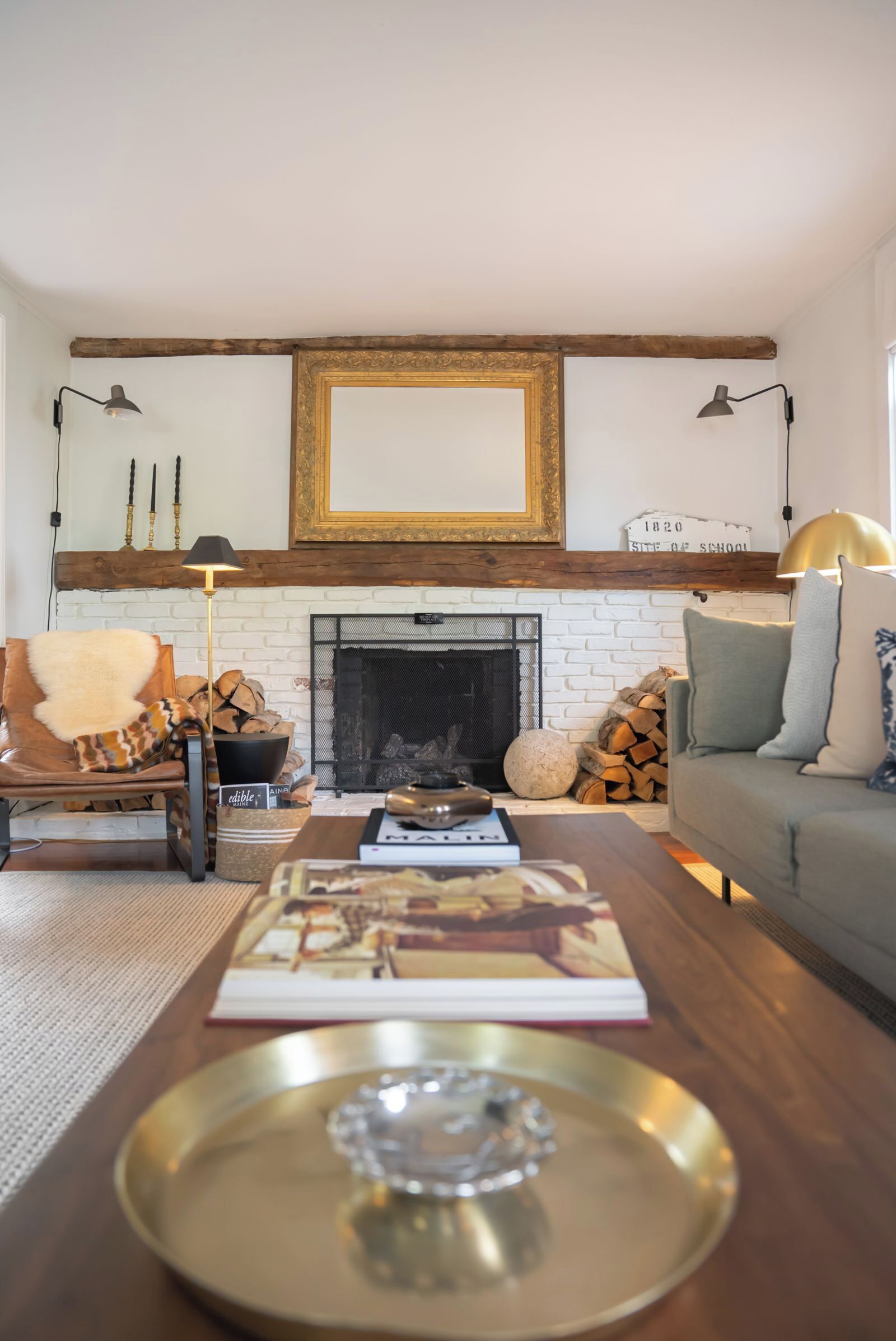 TV, fireplace, books, stereo
