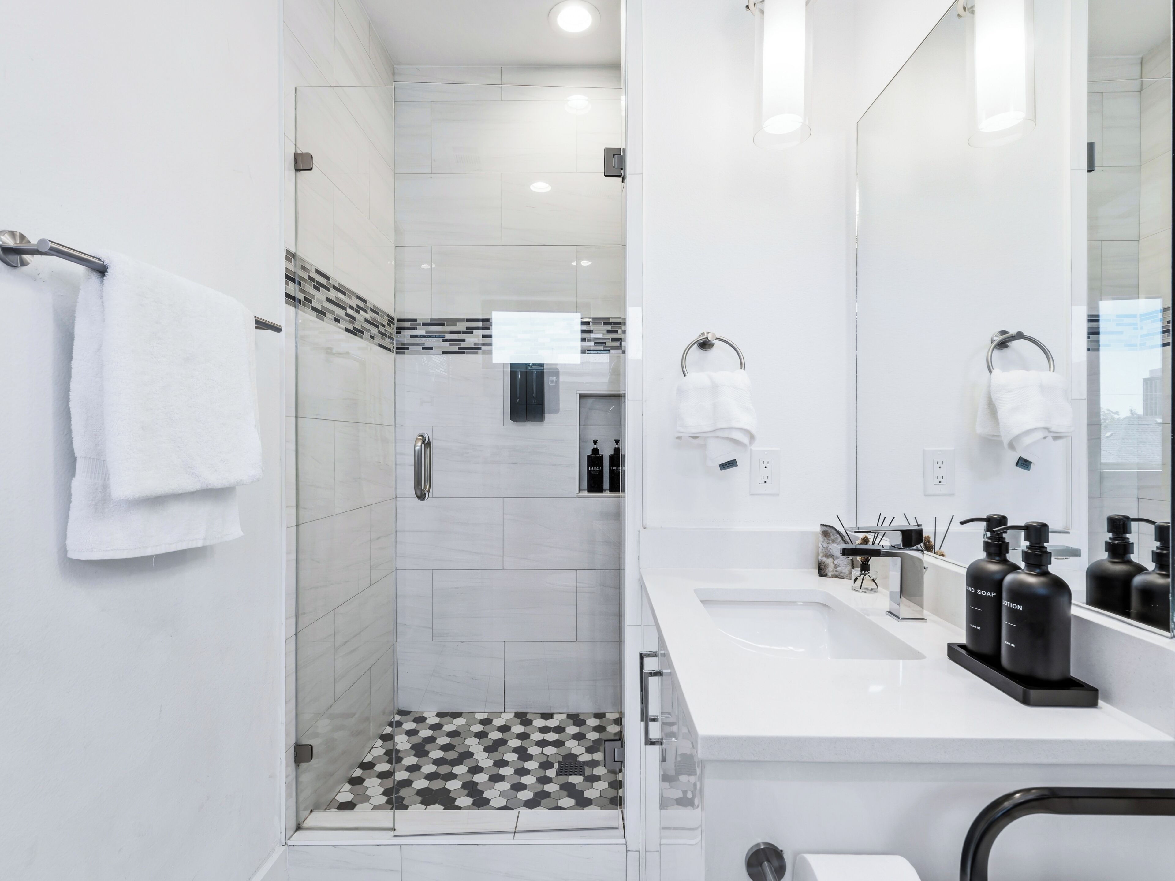 Hair dryer, towels, soap, toilet paper