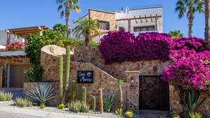 Uma casa moderna com fachada de pedra, uma placa com o texto 'Casa Marcus' e diversos cactos e plantas de bougainvillea.