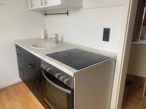 A compact kitchen with a built-in oven, a stovetop, and a sink. - Pure Relaxation Quiet and Cozy (Weyhausen)