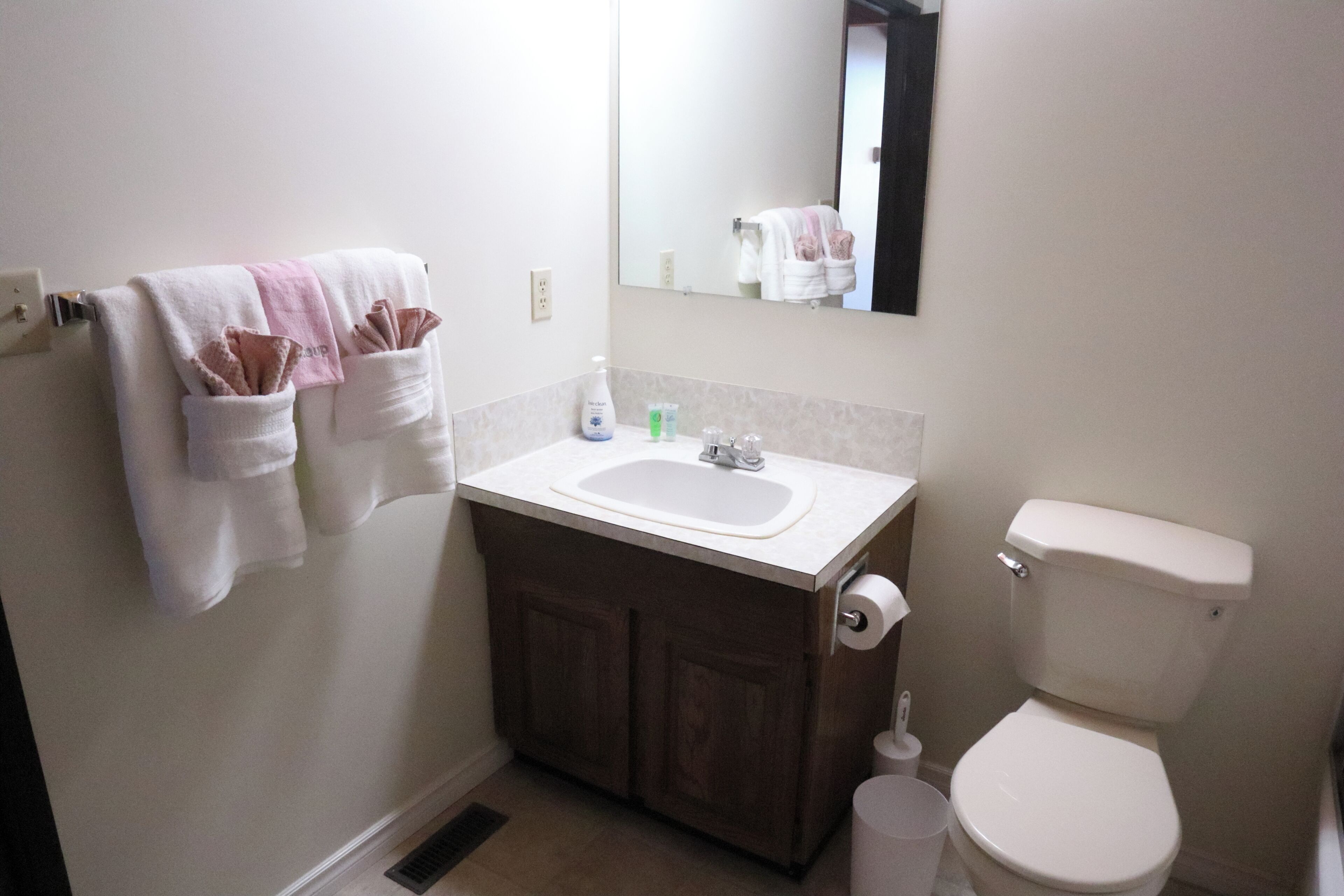Un baño con lavamanos, inodoro y perchero para toallas.