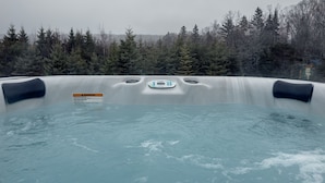 A hot tub with a control panel, surrounded by a forest.