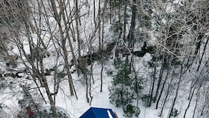 Una cabaña de techo azul rodeada de árboles cubiertos de nieve.