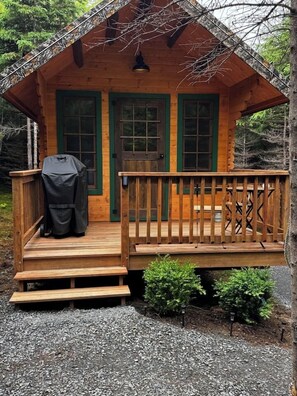 Una cabaña de madera con un porche, una parrilla y una puerta con ventana.