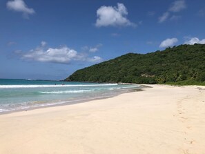 Una playa con agua turquesa cristalina, una orilla arenosa y una colina boscosa al fondo.
