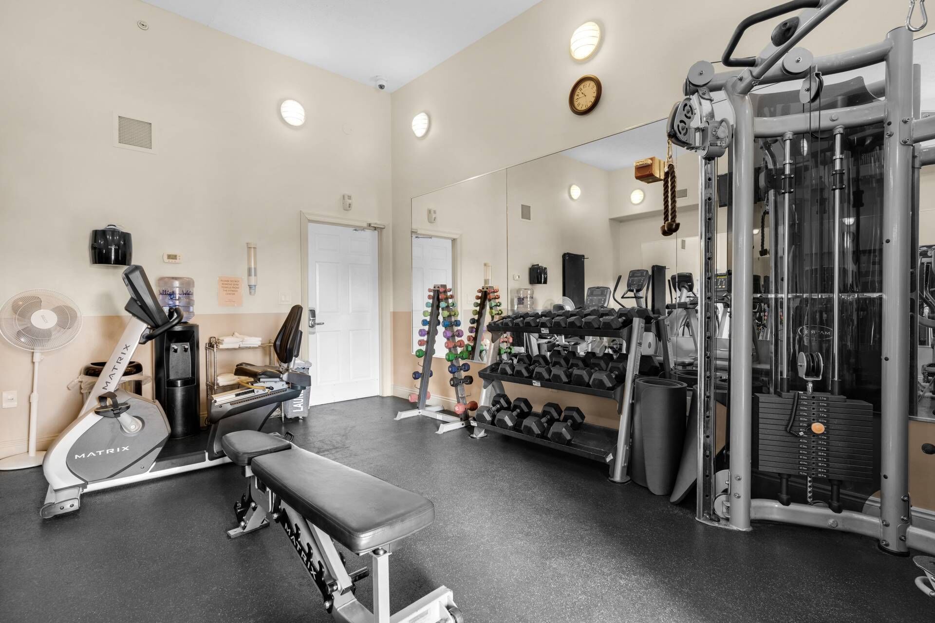 Een sportschool met een bank, halters, loopband en een squats rek.