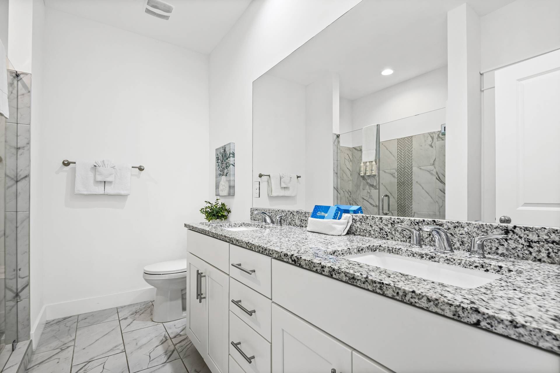 Une salle de bain moderne avec un comptoir en granit, des armoires blanches, un grand miroir et un espace douche.
