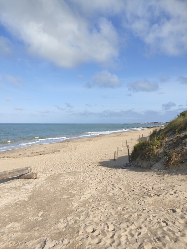 A sandy beach with a wooden fence and grassy dunes.